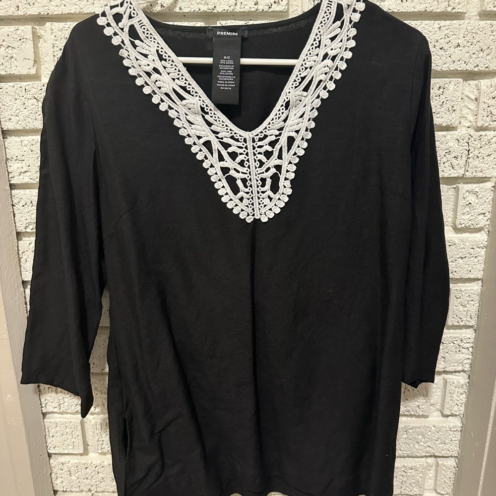 Premise Black Blouse with White Lace Accent